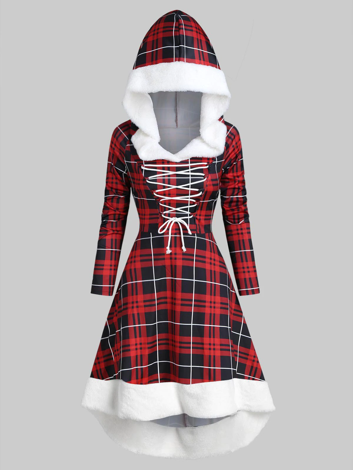 Plaid Faux Fur Insert Hooded Lace Up High Low Dress