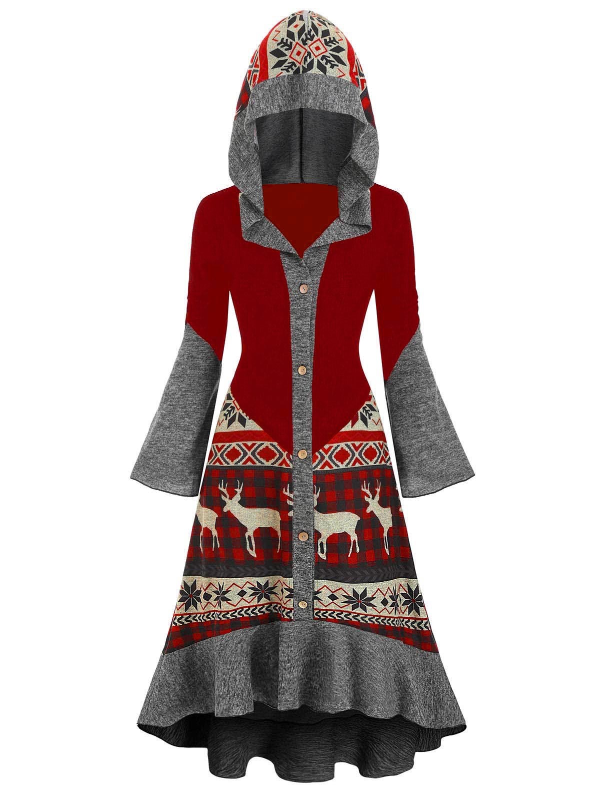 Christmas Elk Hooded High Low Flounce Hem Knitted Dress