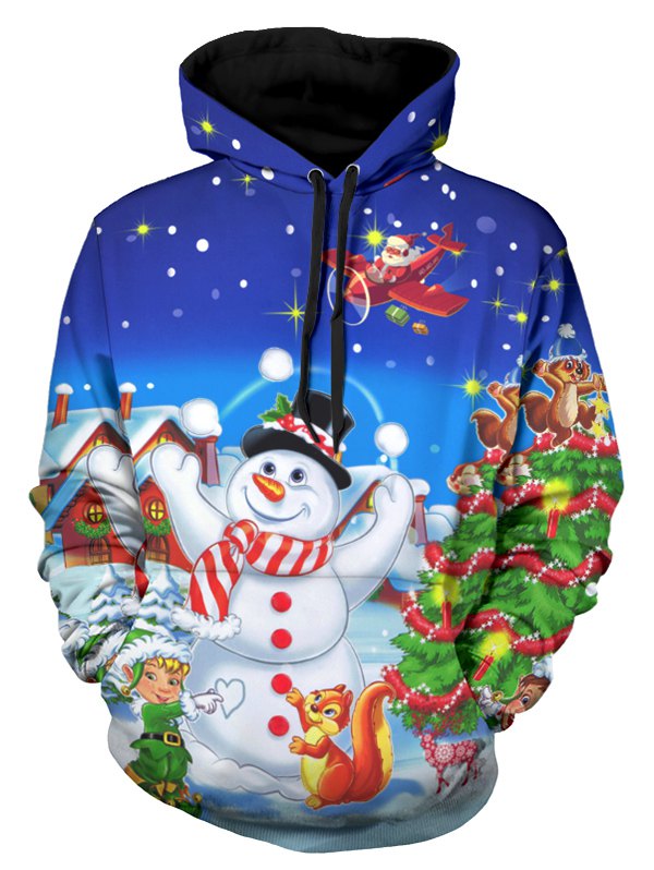 Christmas Tree Snowman Santa Print Drawstring Hoodie