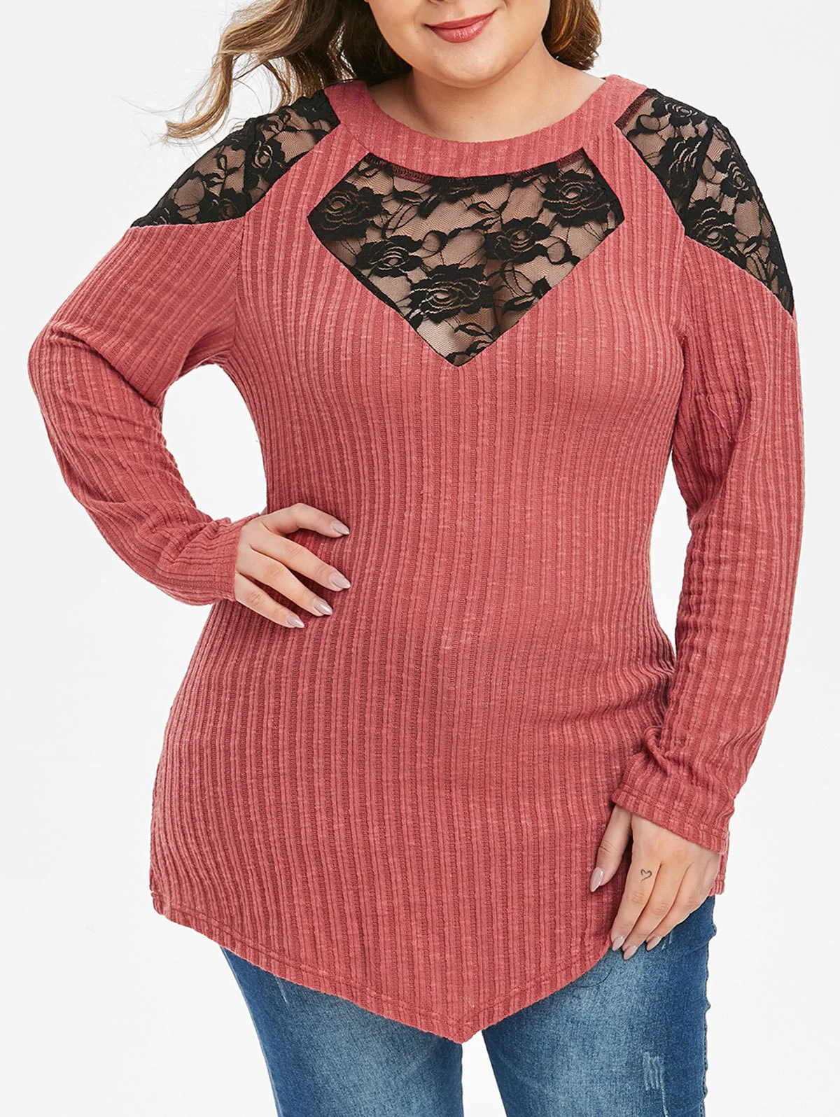 Plus Size Lace Insert Tunic Knitwear