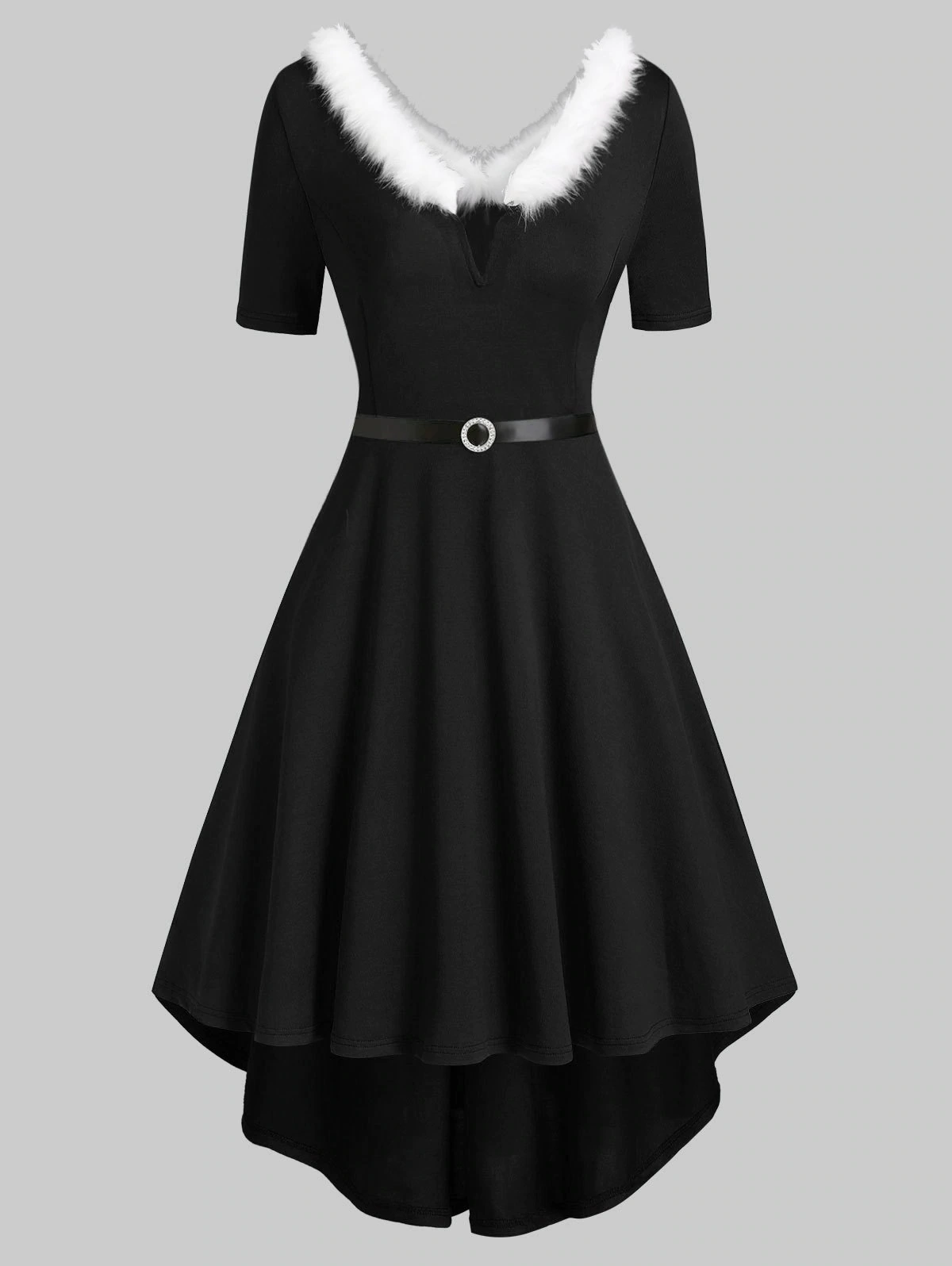 V-wired Faux Fur Trim Knit High Low Dress