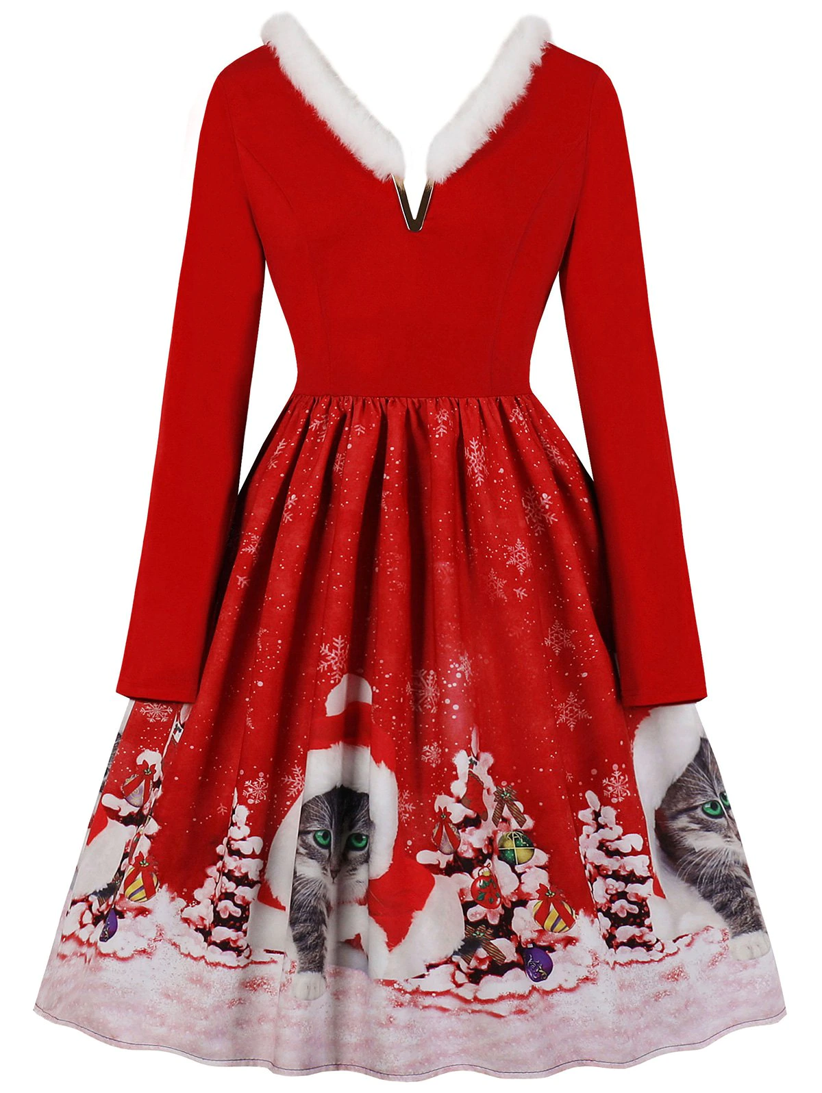 Faux Fur Trim V-notch Christmas Cat Print Dress