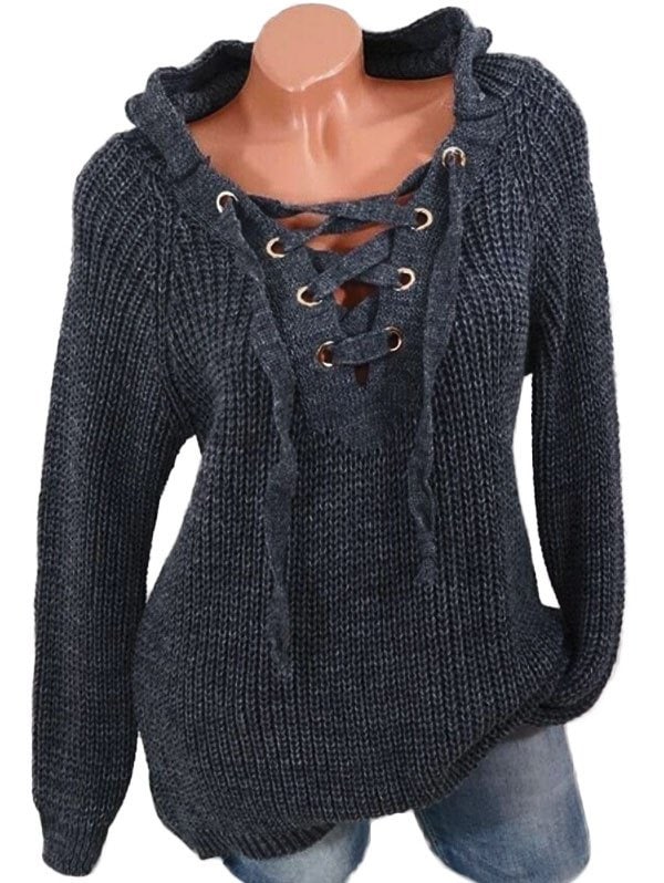 Lace Up Solid Hooded Sweater