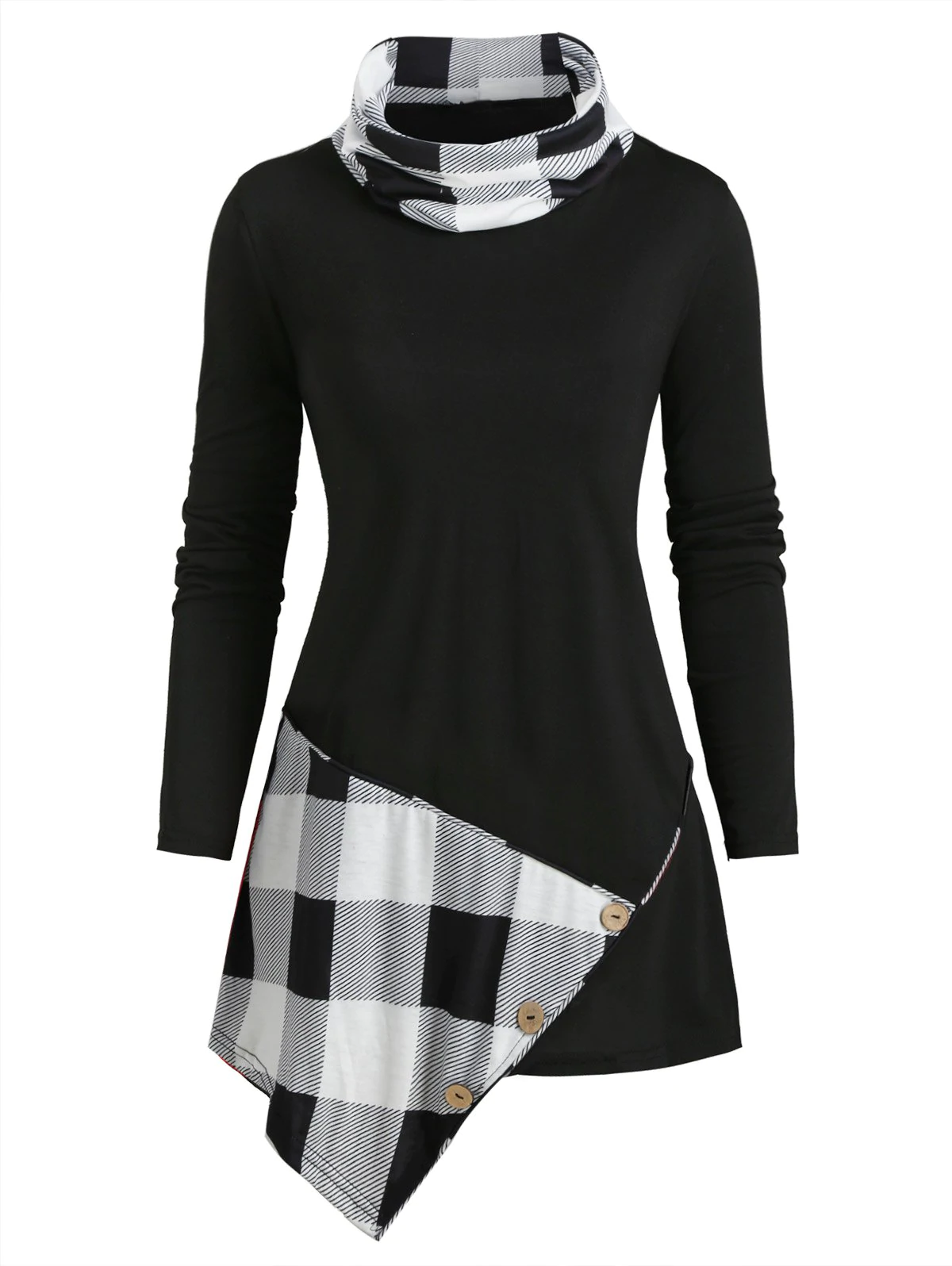 Cowl Neck Plaid Panel Buttoned Asymmetrical Top