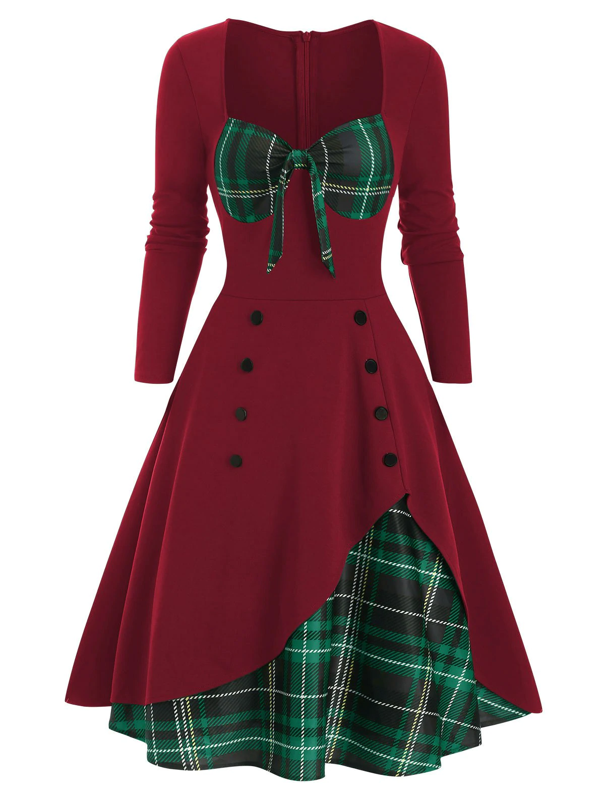 Plaid Button Embellished Overlap Bowknot Dress