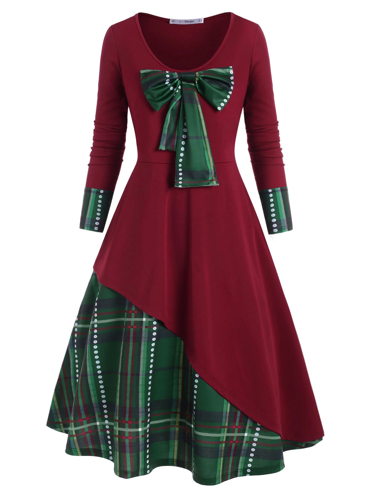 Plus Size Detachable Bowknot Plaid Christmas Dress