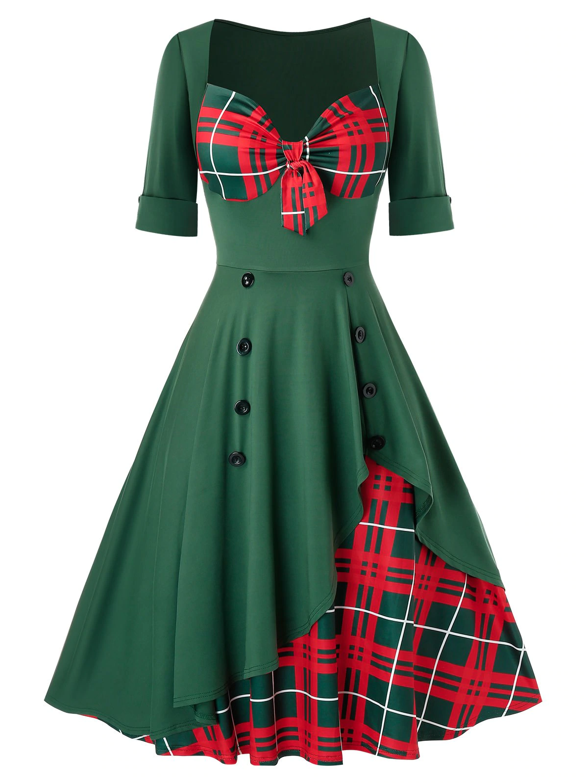 Plus Size Vintage Front Knot Christmas Printed Swing Dress