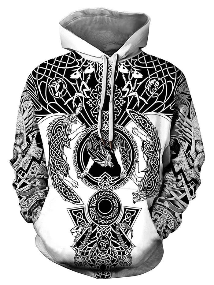 Novelty Printed Kangaroo Pocket Drawstring Hoodie