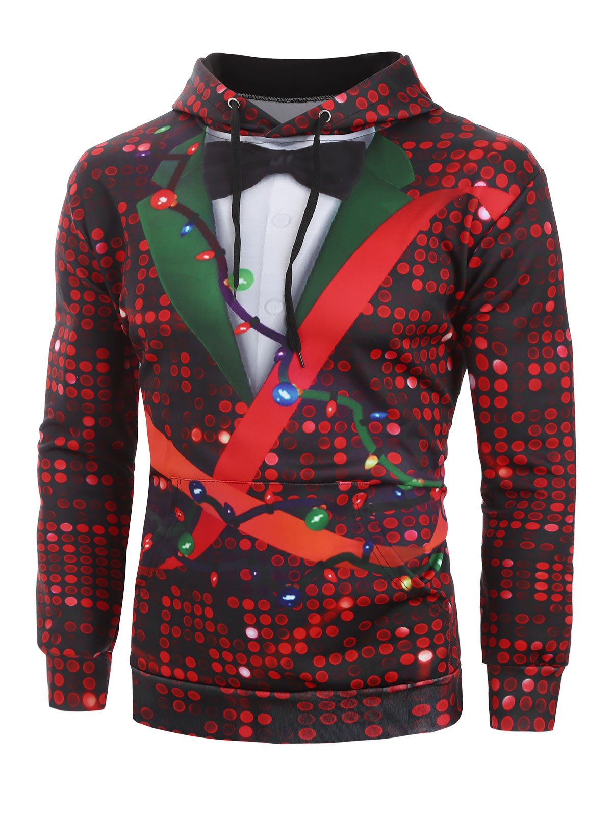 Christmas Sequin Print Faux Tuxedo Front Pocket Hoodie