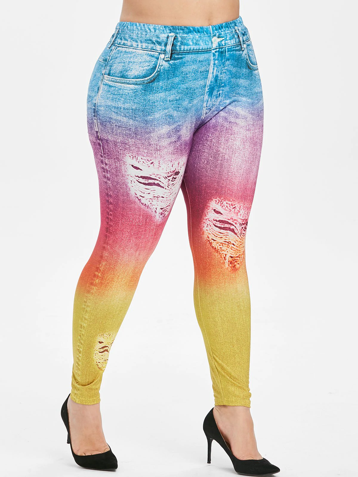 Plus Size Ombre Color 3D Destroyed Print Jeggings