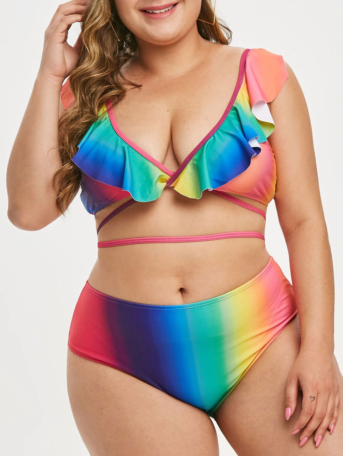 Plus Size Tie Dye Ruffled High Waisted Bikini Swimsuit