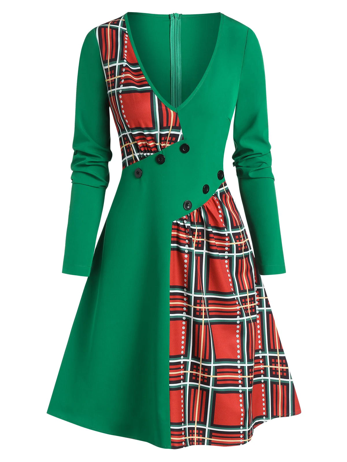 Christmas Plaid Print Mock Button Flare Dress