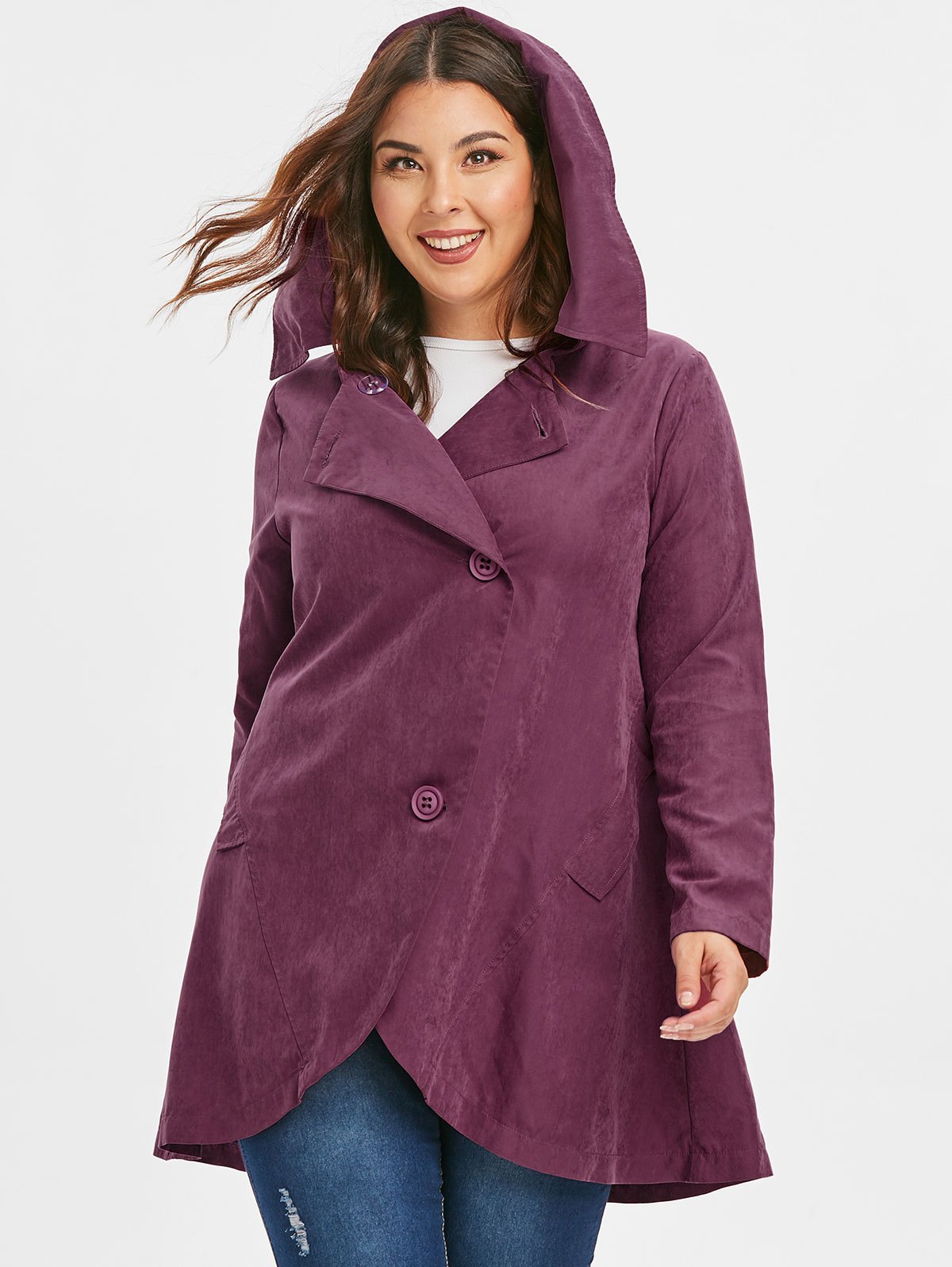 Plus Size Asymmetric Button Hooded Coat