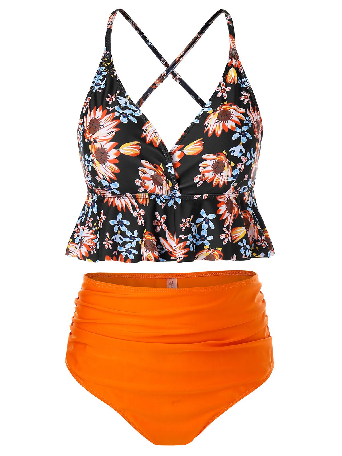 Plus Size Floral Print Flounce High Waist Tankini Swimsuit