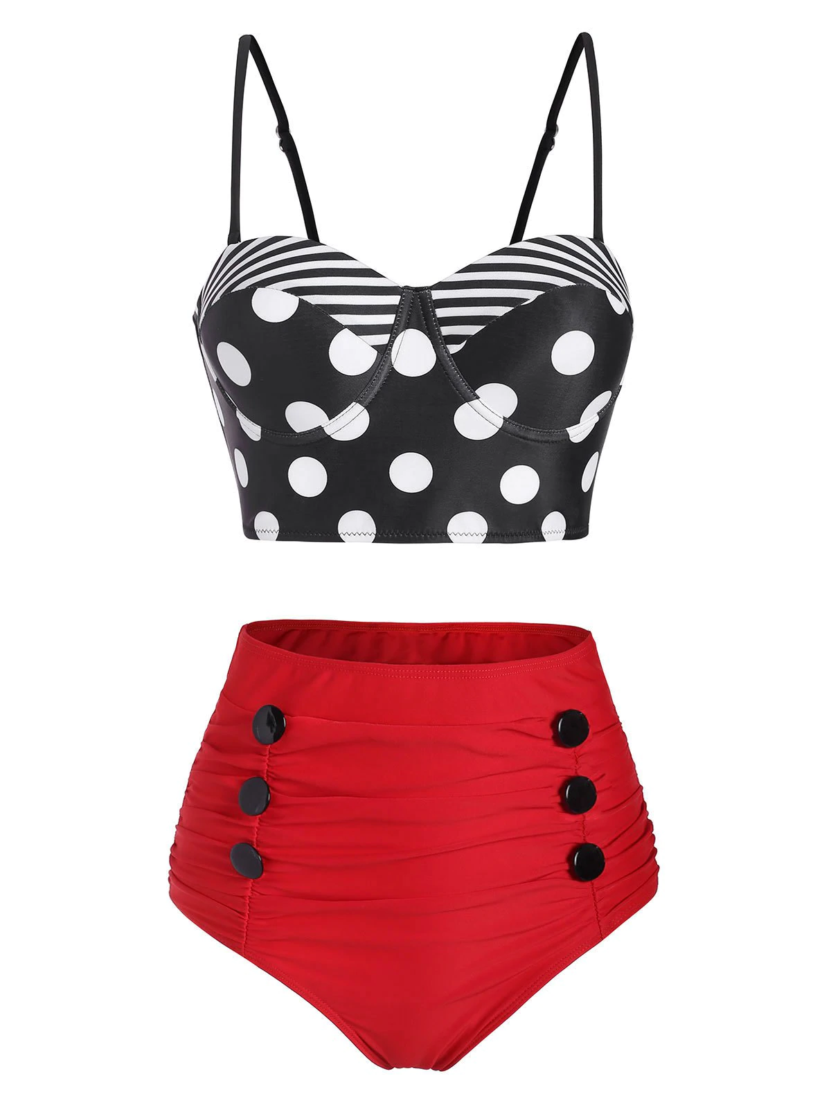 Polka Dot Striped Button Embellished Moulded Tankini Swimwear