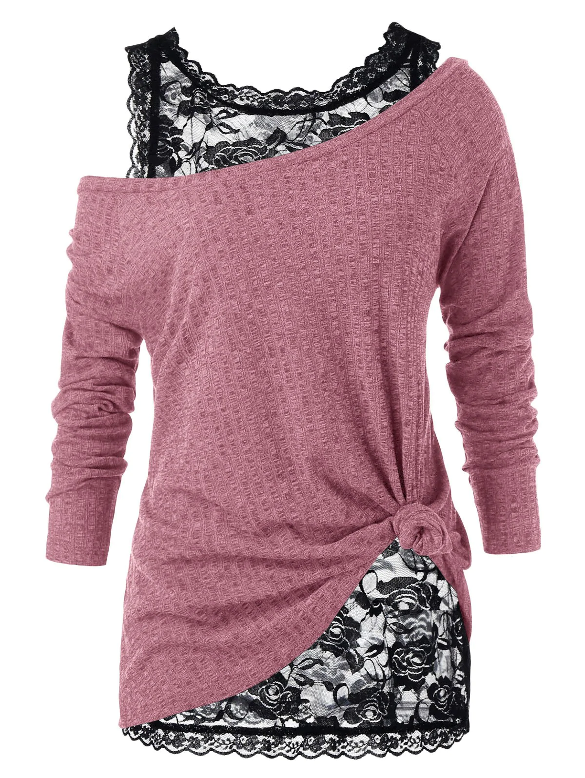 Plus Size Skew Neck Sweater with Floral Lace Top