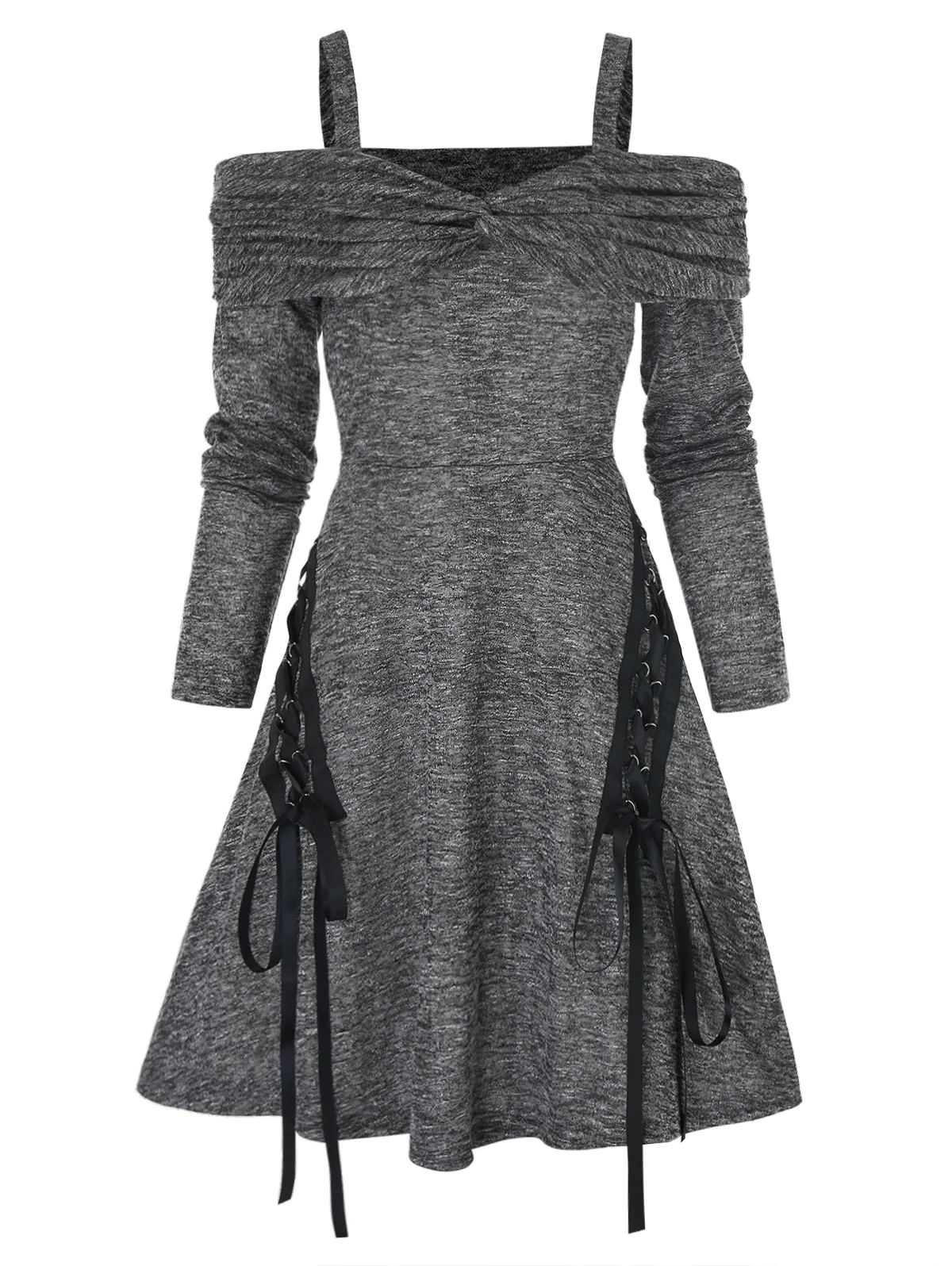 Twist Front Cold Shoulder Heathered Lace-up Dress