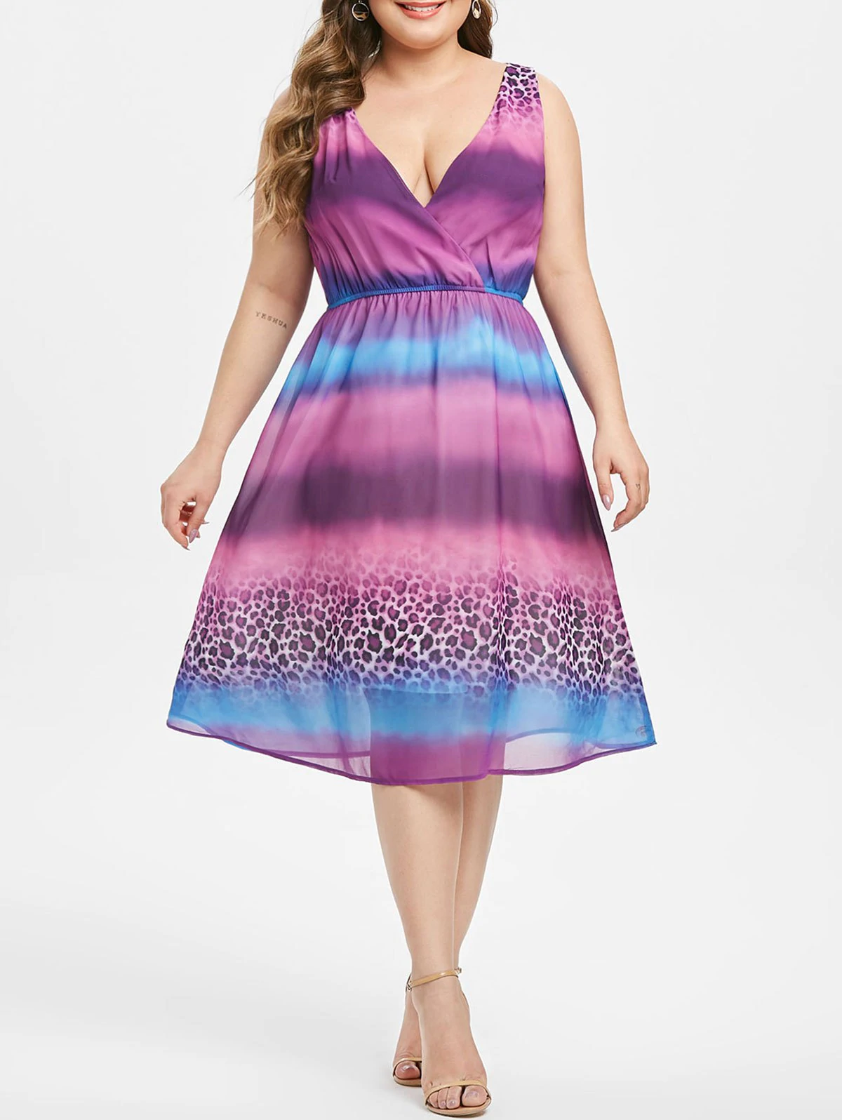 Leopard Ombre Plus Size Sleeveless Surplice Dress