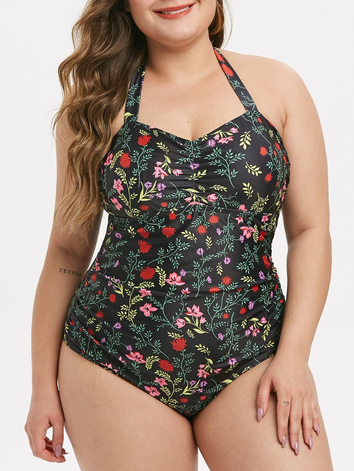 Halter Plant Print Ruched Plus Size One-piece Swimsuit