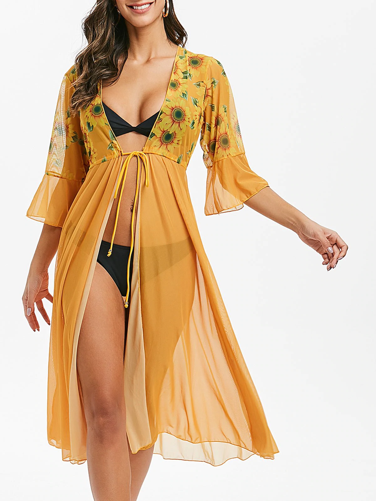 Waist Drawstring Tie Sunflower Beach Cover-up