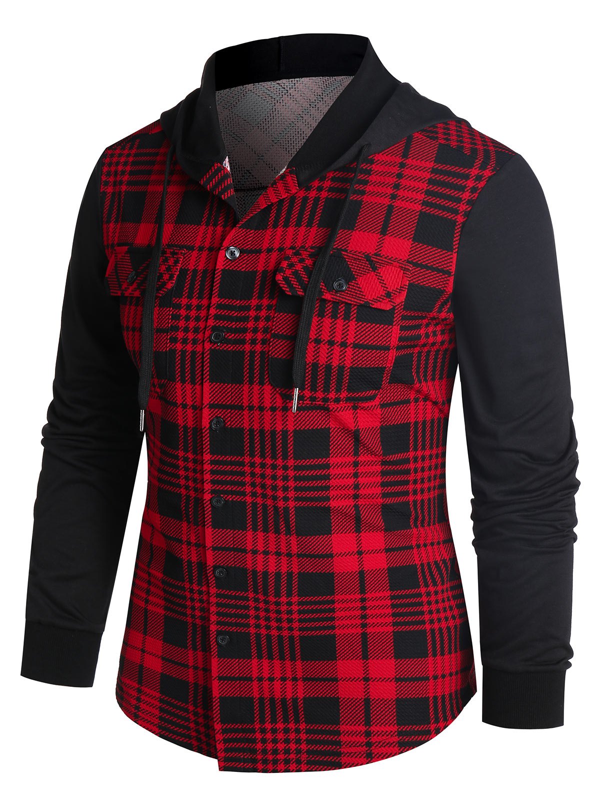 Hooded Plaid Print Double Pockets Button Up Shirt