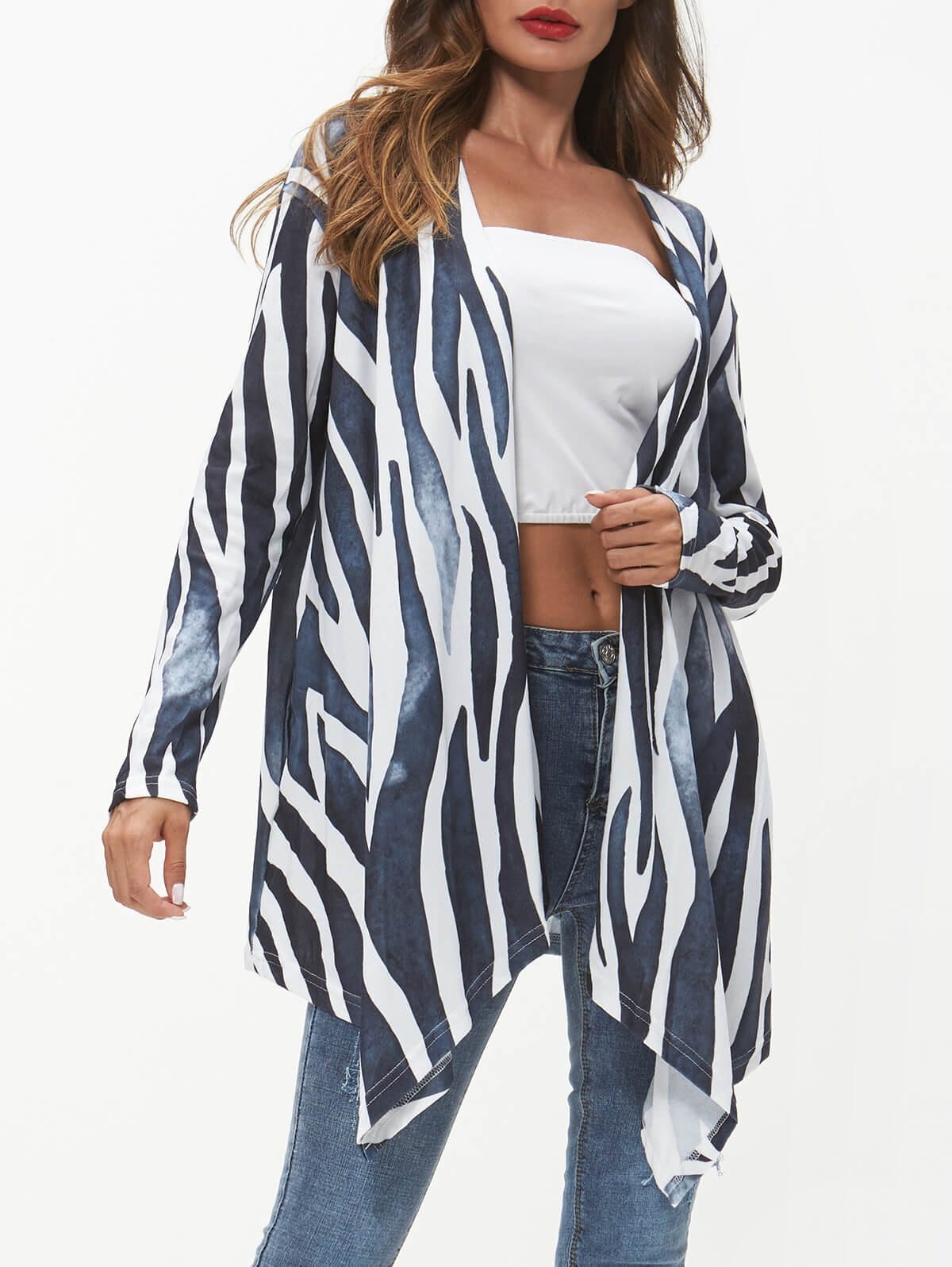 Lines Print Asymmetric Open Front Coat