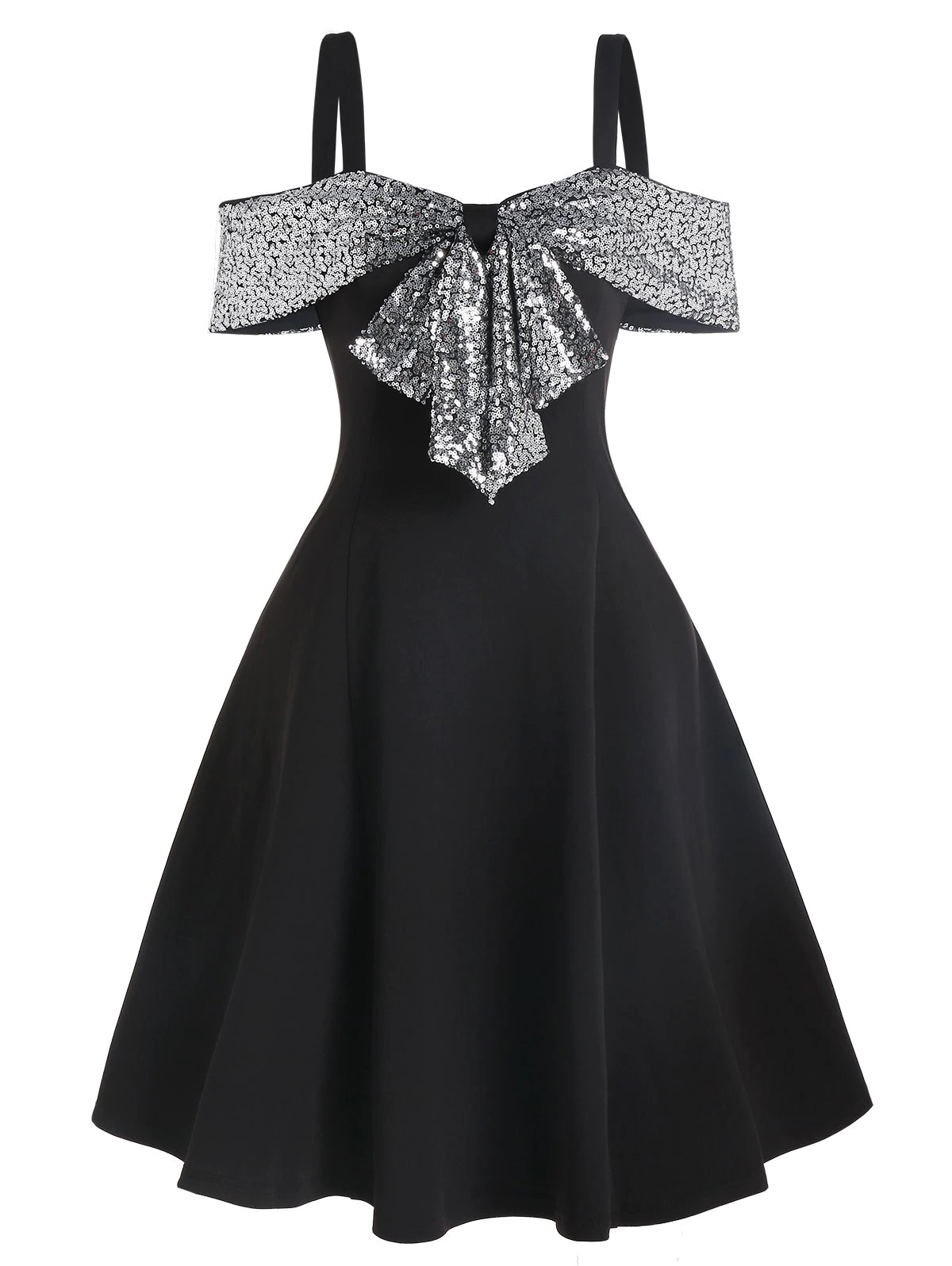 Sequin Panel Open Shoulder Skater Dress