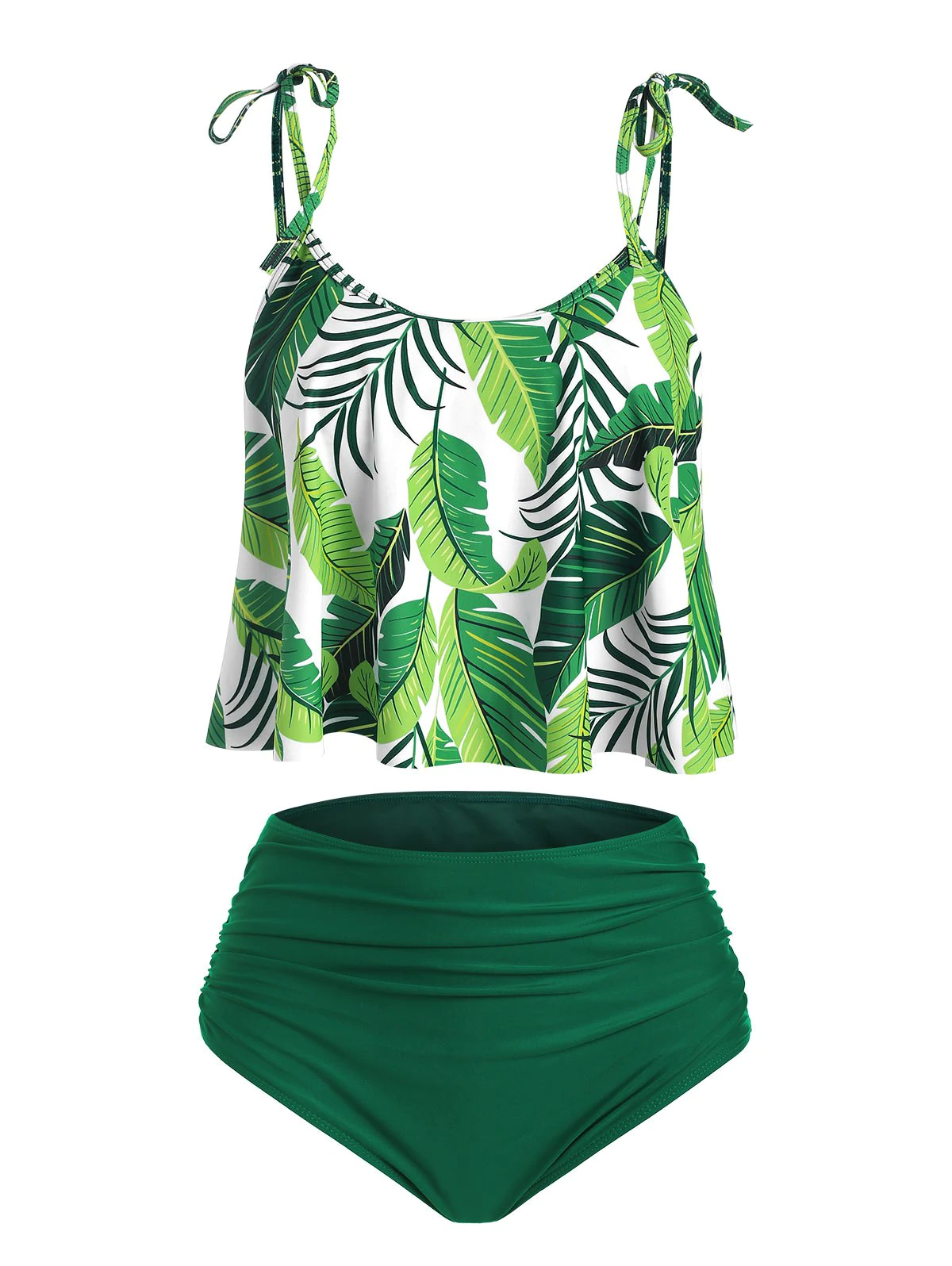 High Waisted Tie Shoulder Ruched Leaves Print Tankini Swimsuit