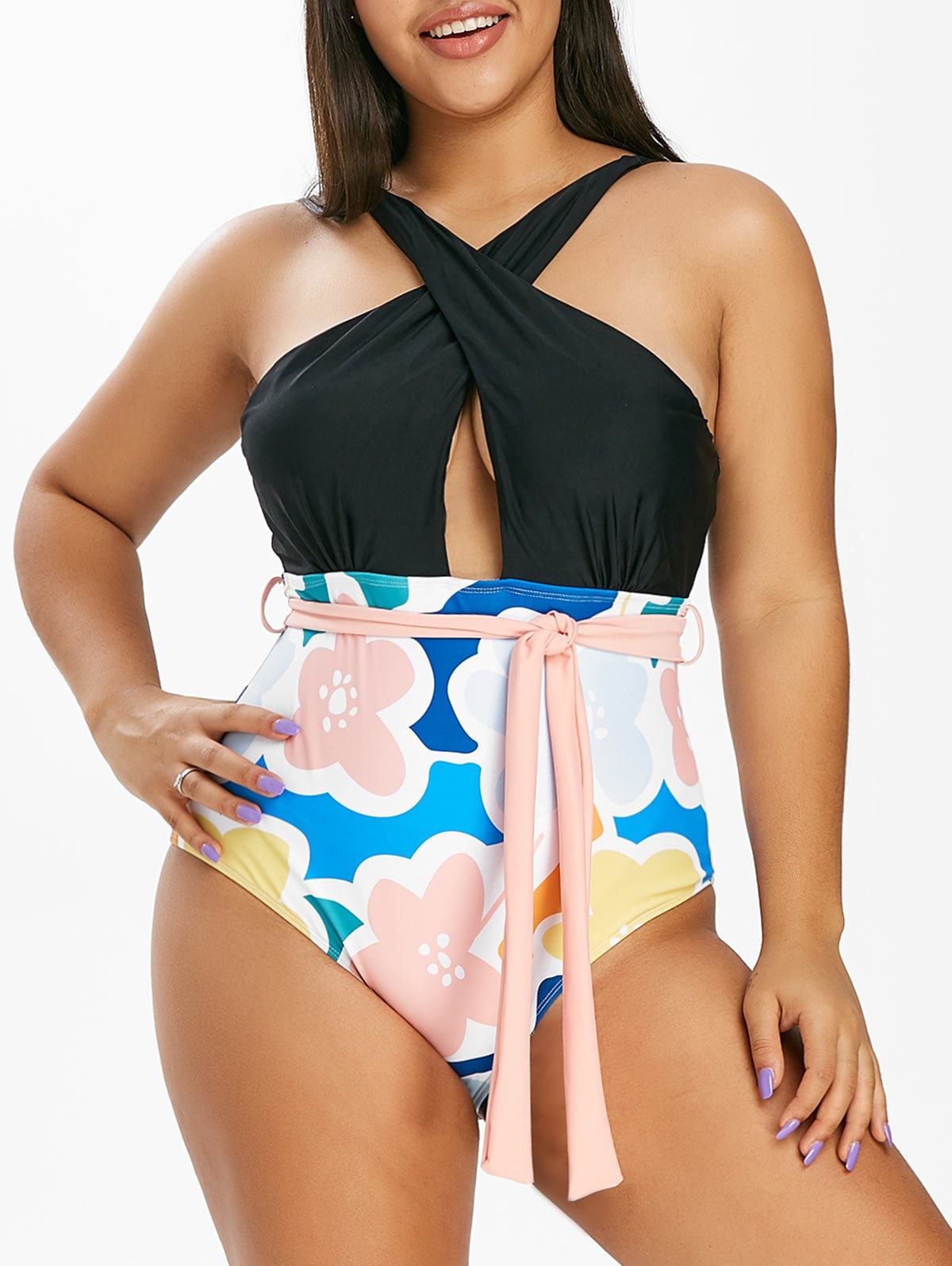 Plus Size Floral Print Crisscross Cutout One-piece Swimsuit