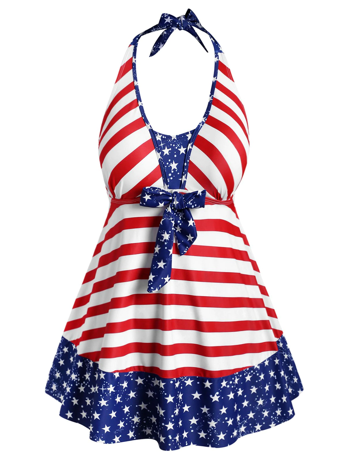 Plus Size Bowknot Halter Patriotic American Flag Tankini Swimwea