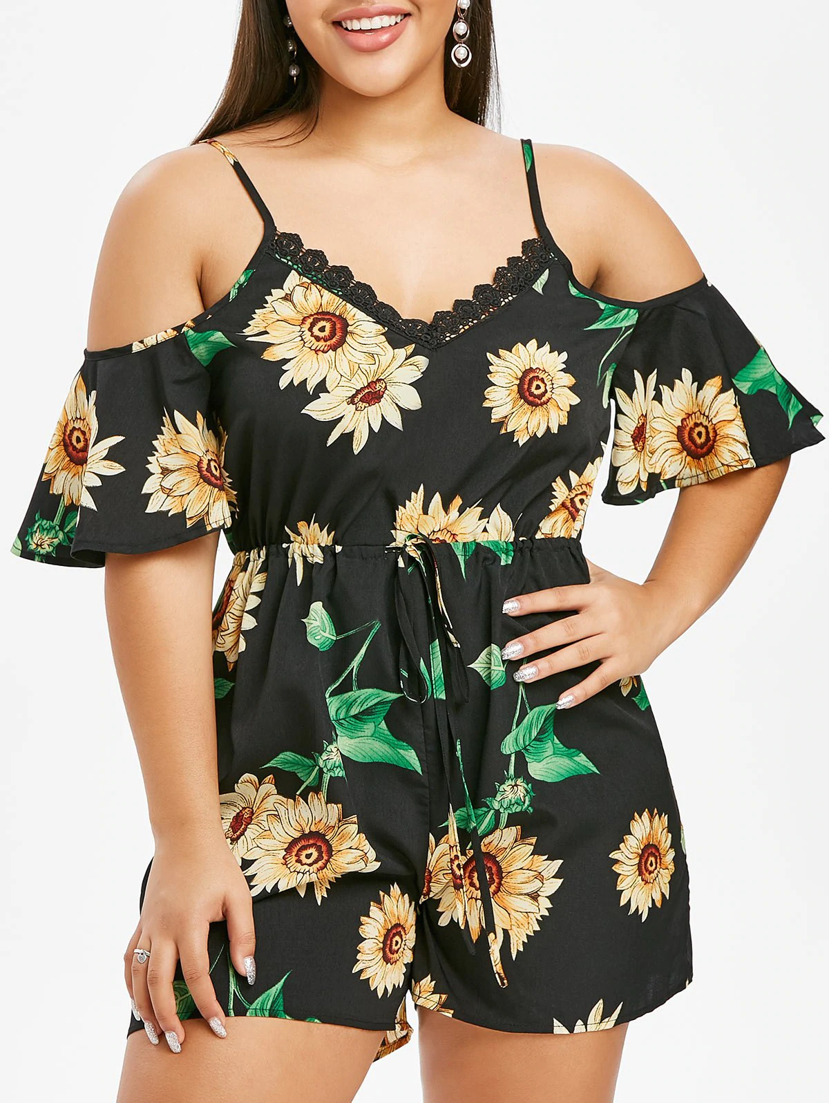 Plus Size Sunflower Open Shoulder Drawstring Tie Romper