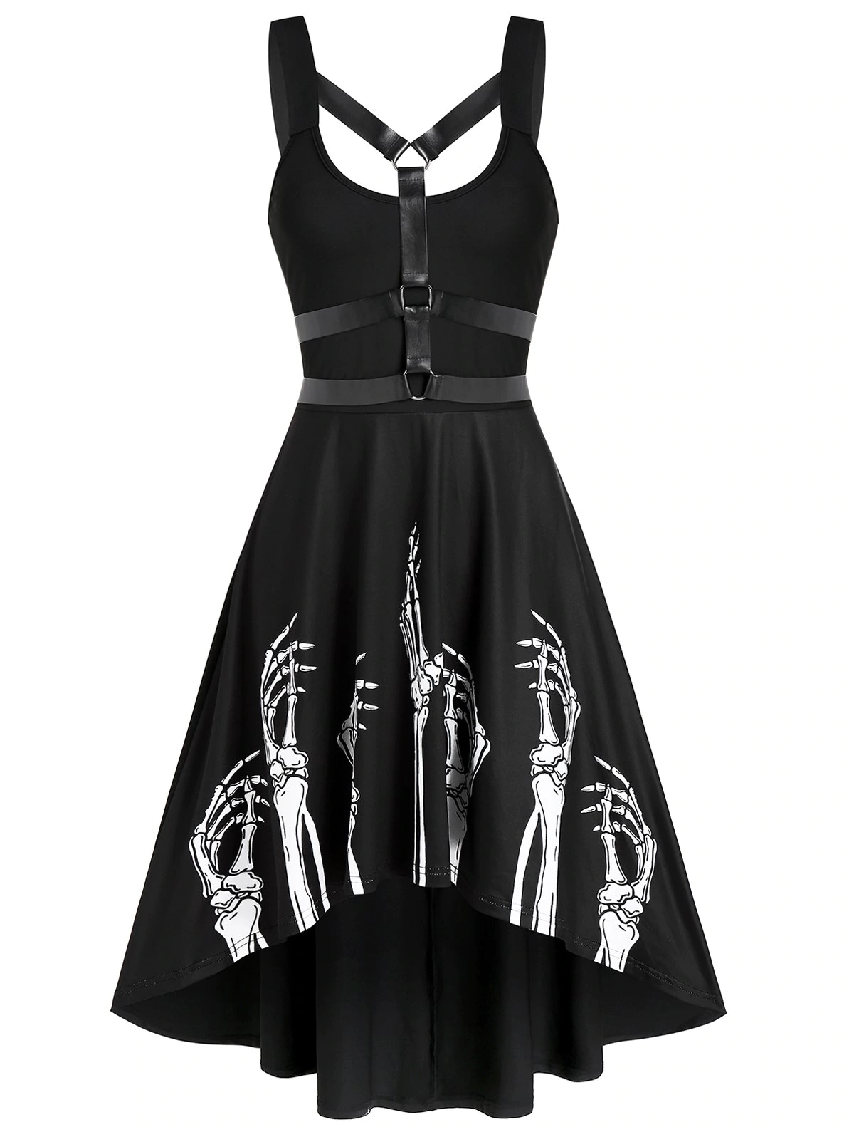 Skeleton Print Harness Insert High Low Dress