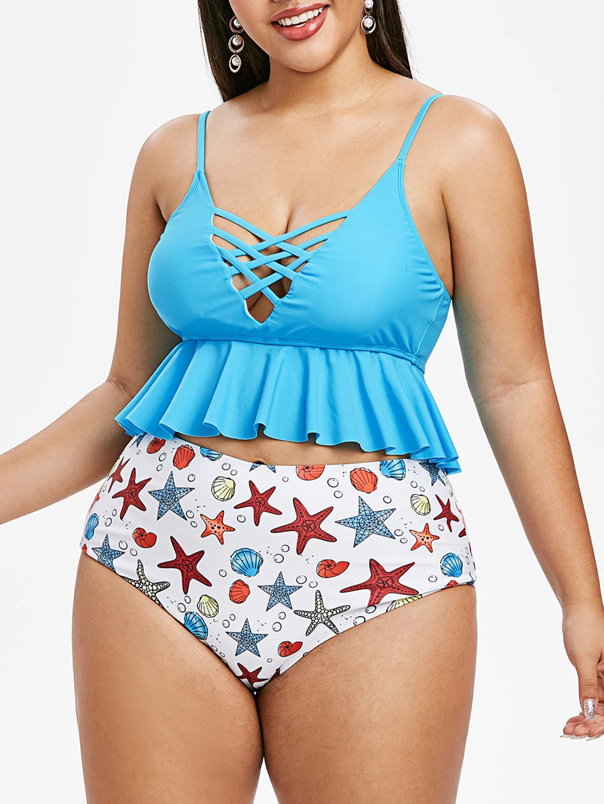 Plus Size Crisscross Starfish Printed Cami Tankini Swimsuit