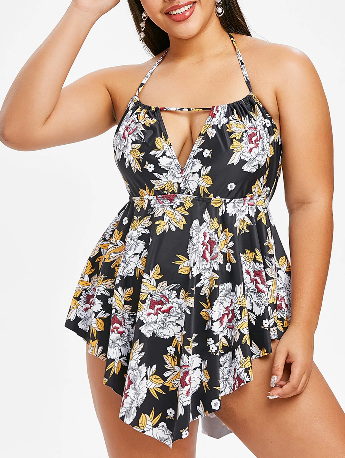 Plus Size Flower Print Hanky Hem Halter Tankini Swimsuit