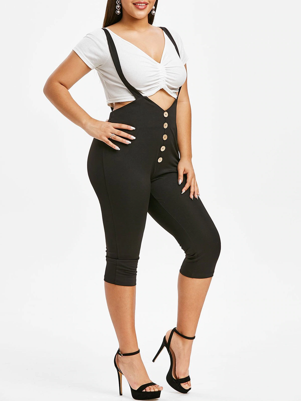 Plus Size Mock Button Cropped Suspender Pants