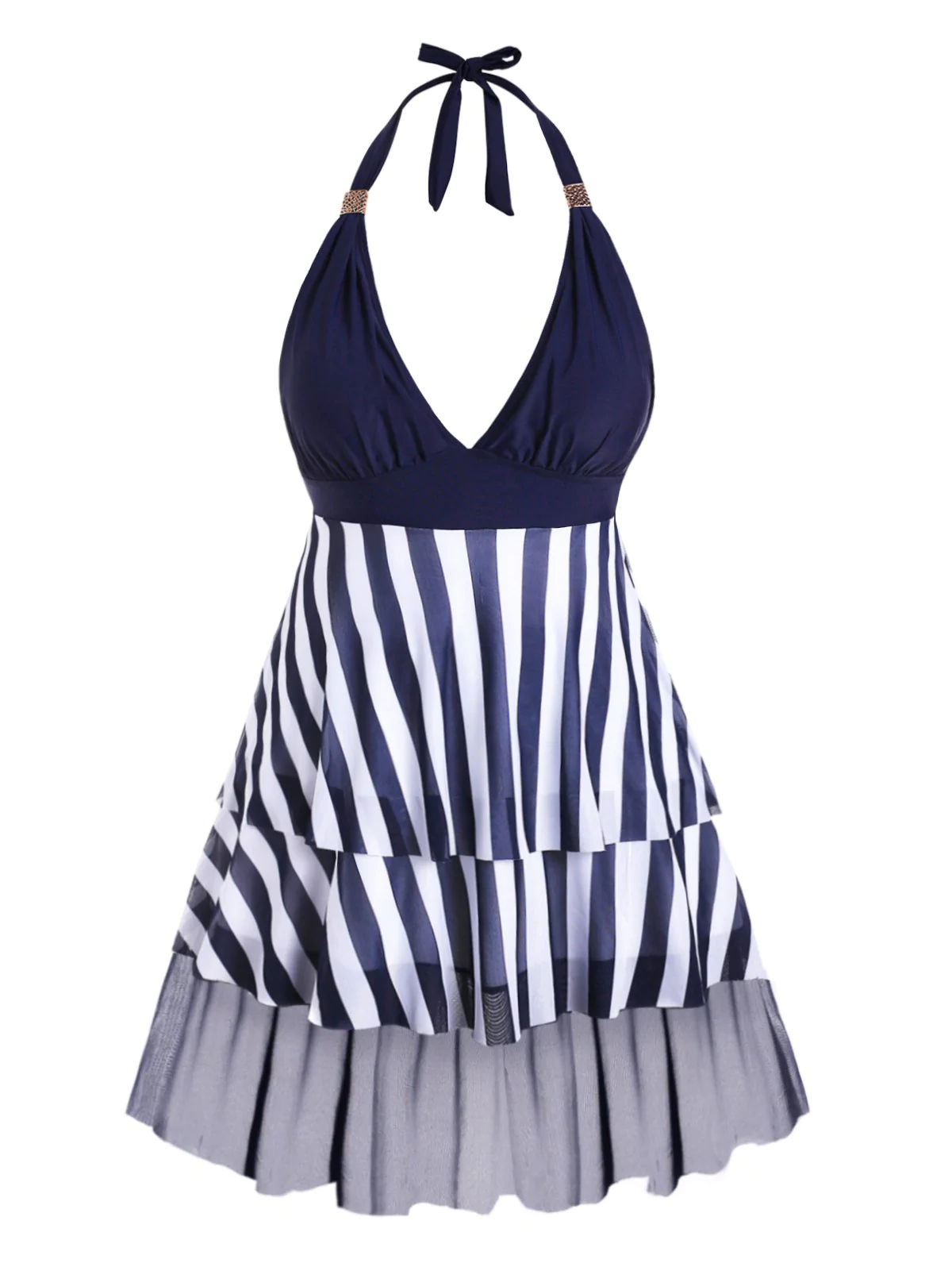 Plus Size Halter Striped Mesh Insert Tiered Tankini Swimwear