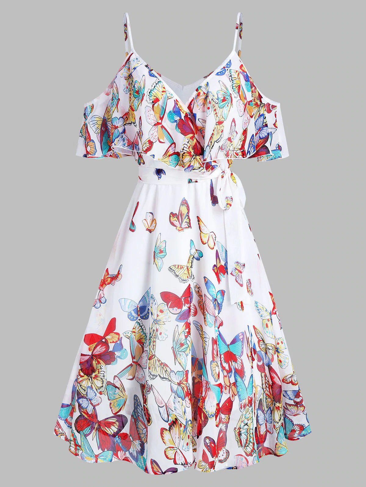 Butterflies Print Knotted Cold Shoulder Dress