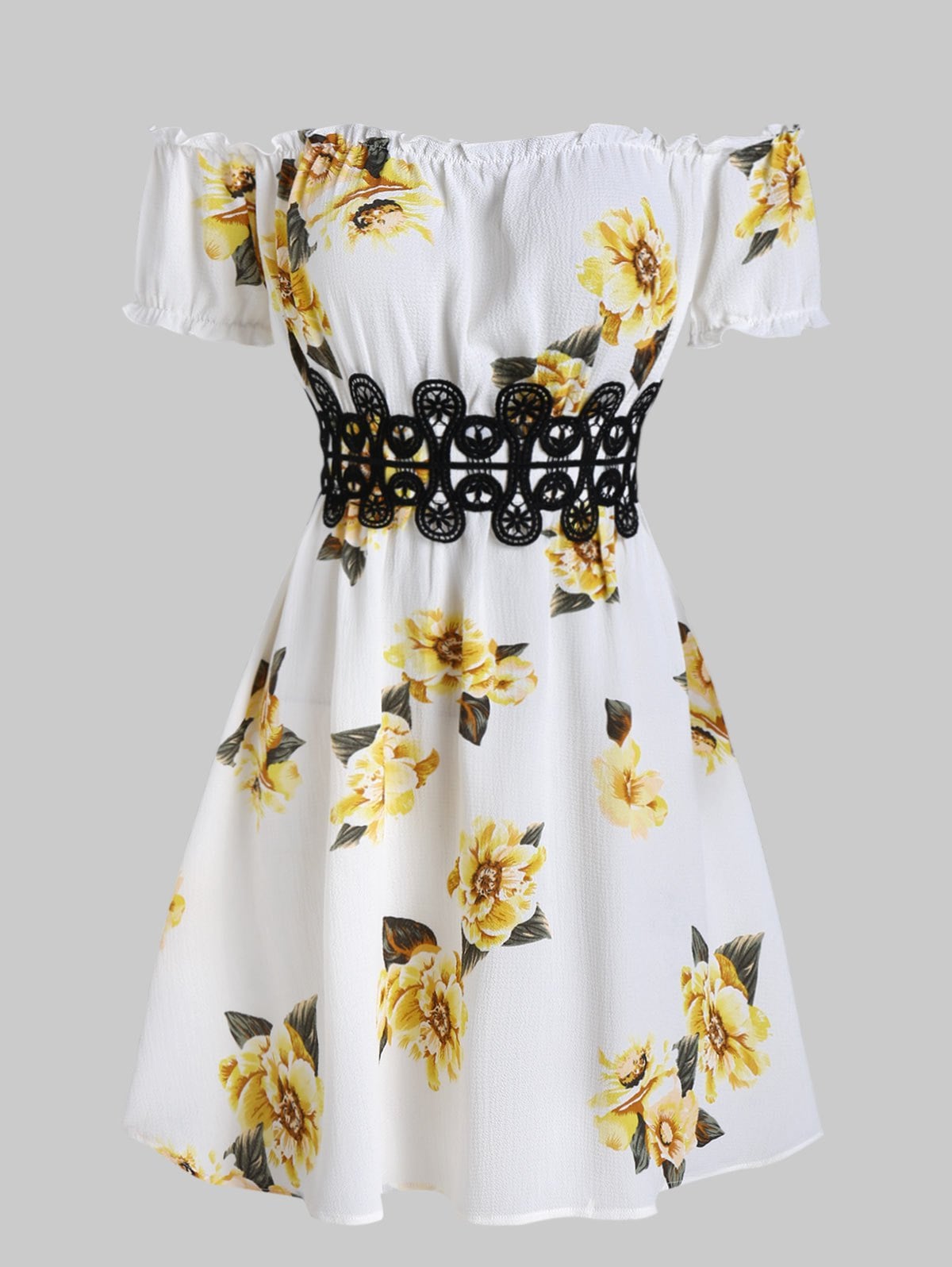 Flower Print Lace Applique High Waist Dress