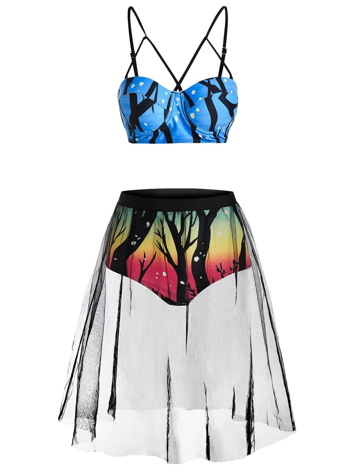 Ombre Tree Print Mesh Panel Bikini Swimwear