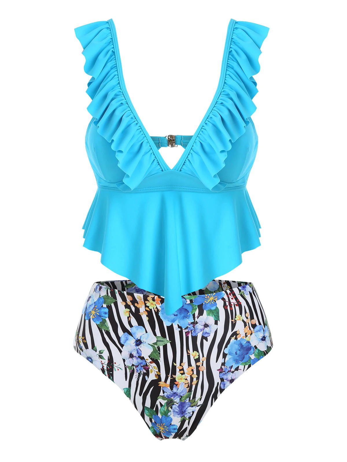 Floral Zebra Print Ruffles Tankini Set