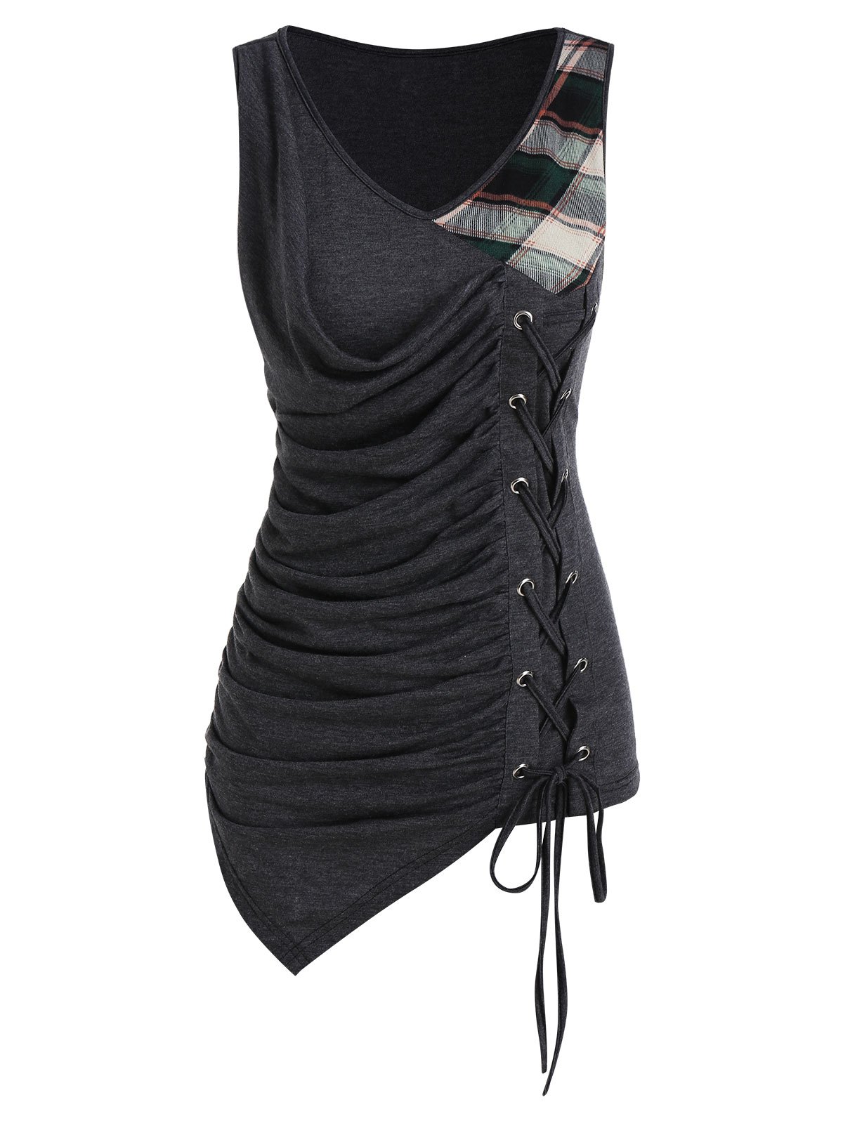 V Neck Ruched Plaid Panel Asymmetrical Tank Top