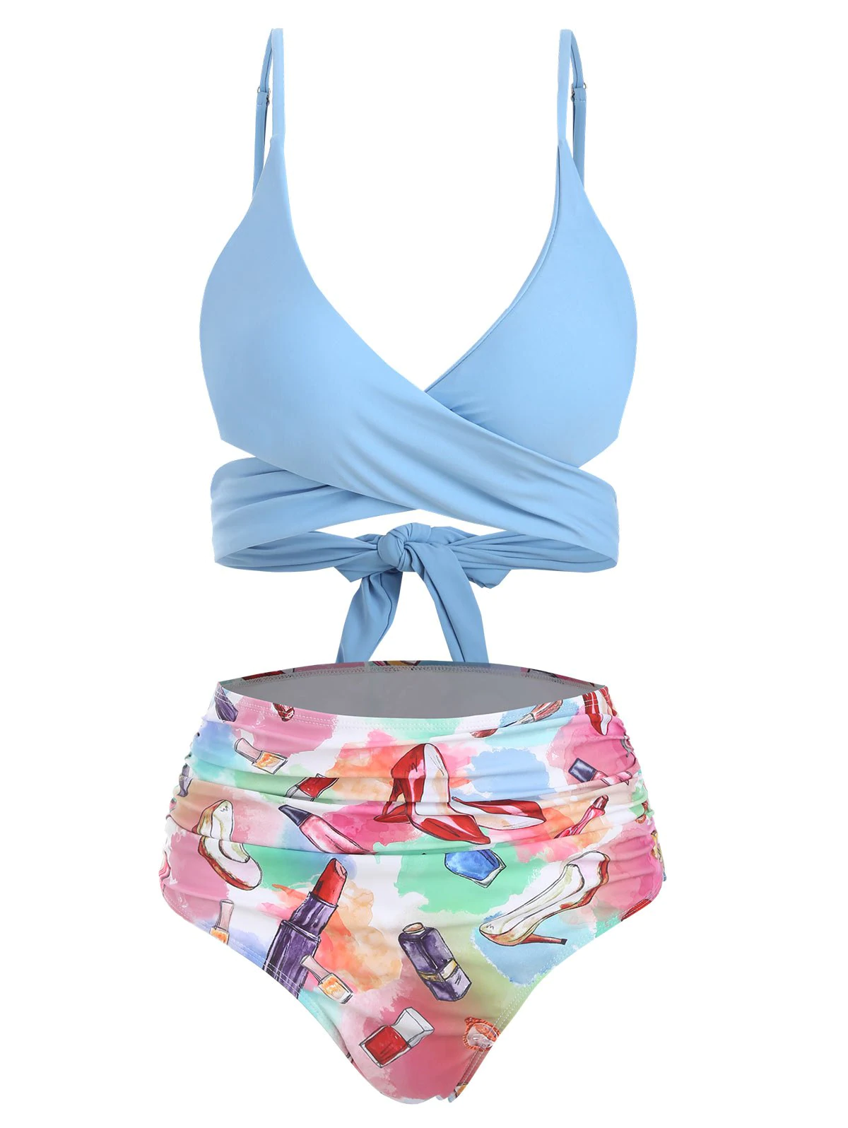 Makeup Print Ruched Wrap Bikini Set