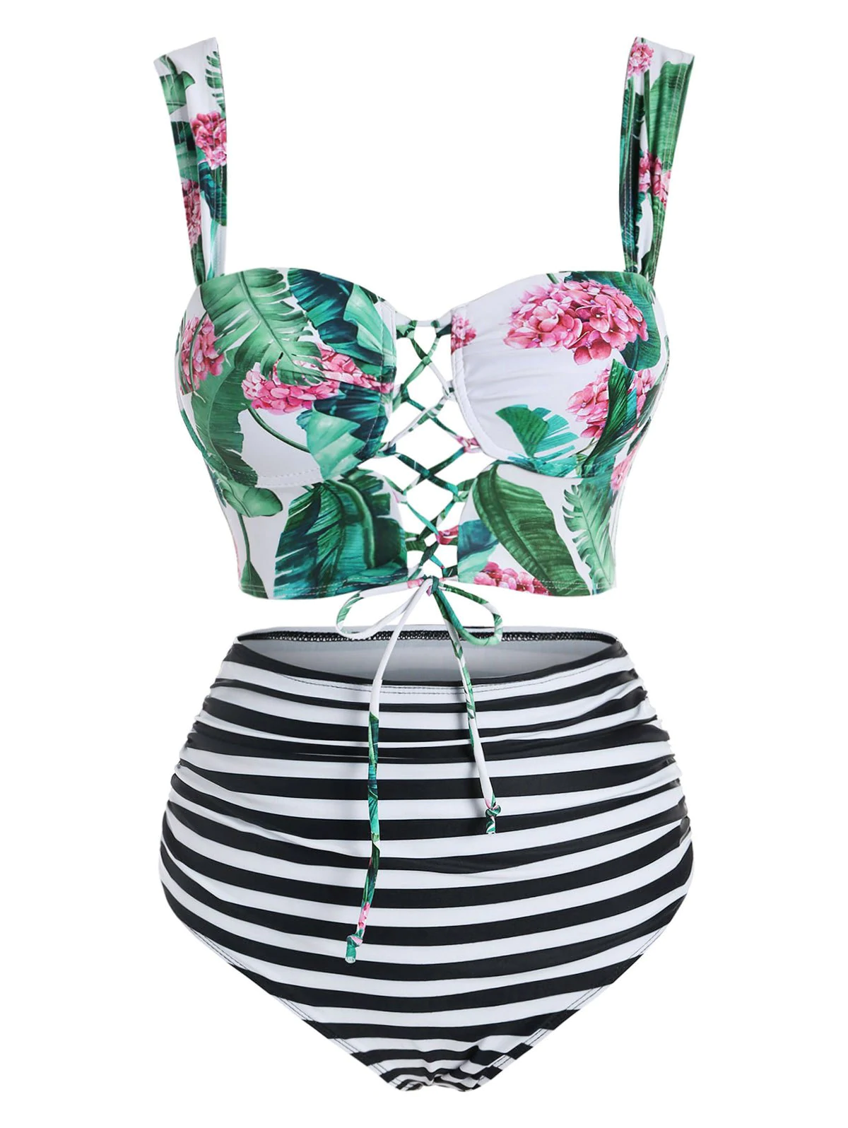 Tropical Flowers Print Lace-up Padded Bikini Set