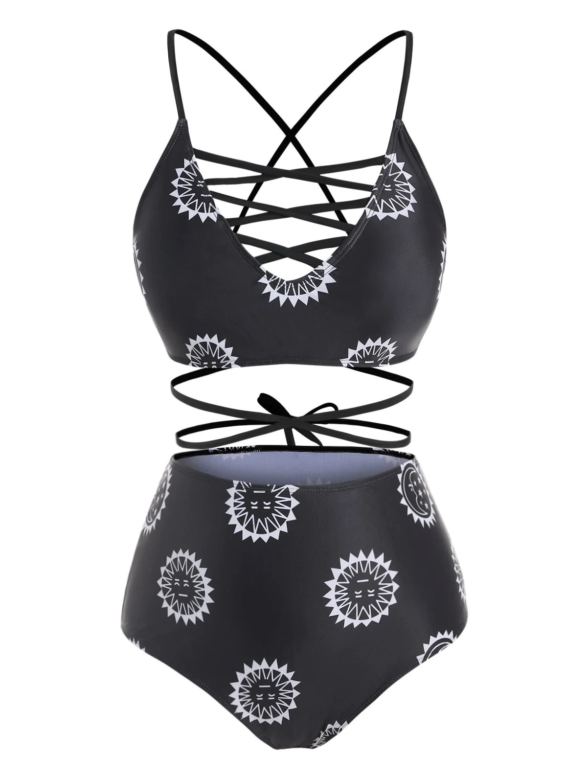 Criss Cross Lace Up Sun Star And Moon Plus Size Bikini Swimwear