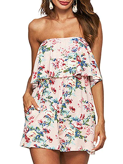 Floral Print Strapless Ruffled Romper