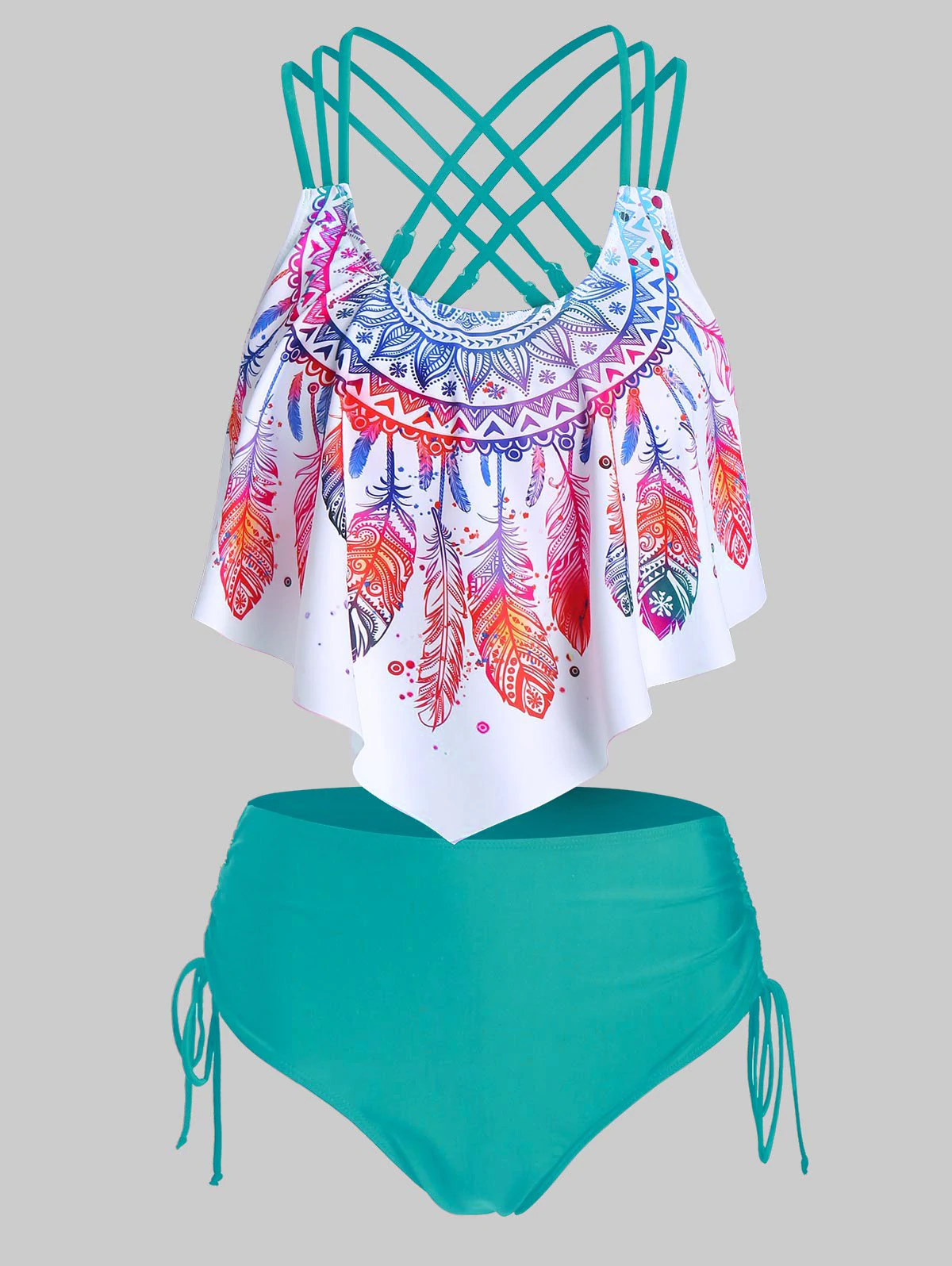 Feather Print Strappy Cinched Tankini Swimwear