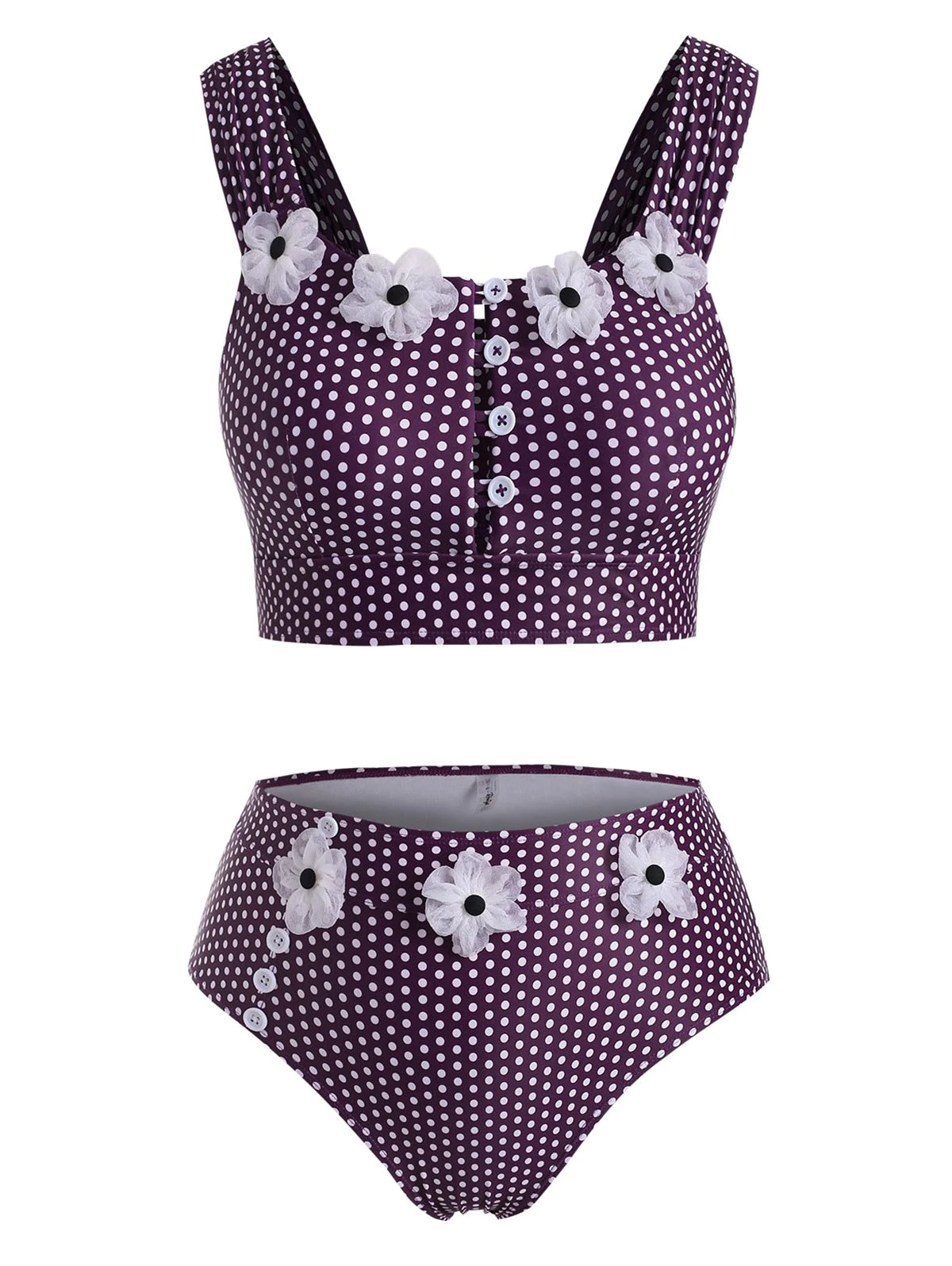 Polka Dot Buttoned Floral Applique Plus Size Tankini Swimwear