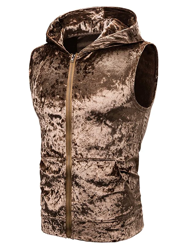 Zip Up Front Pocket Hooded Velvet Vest