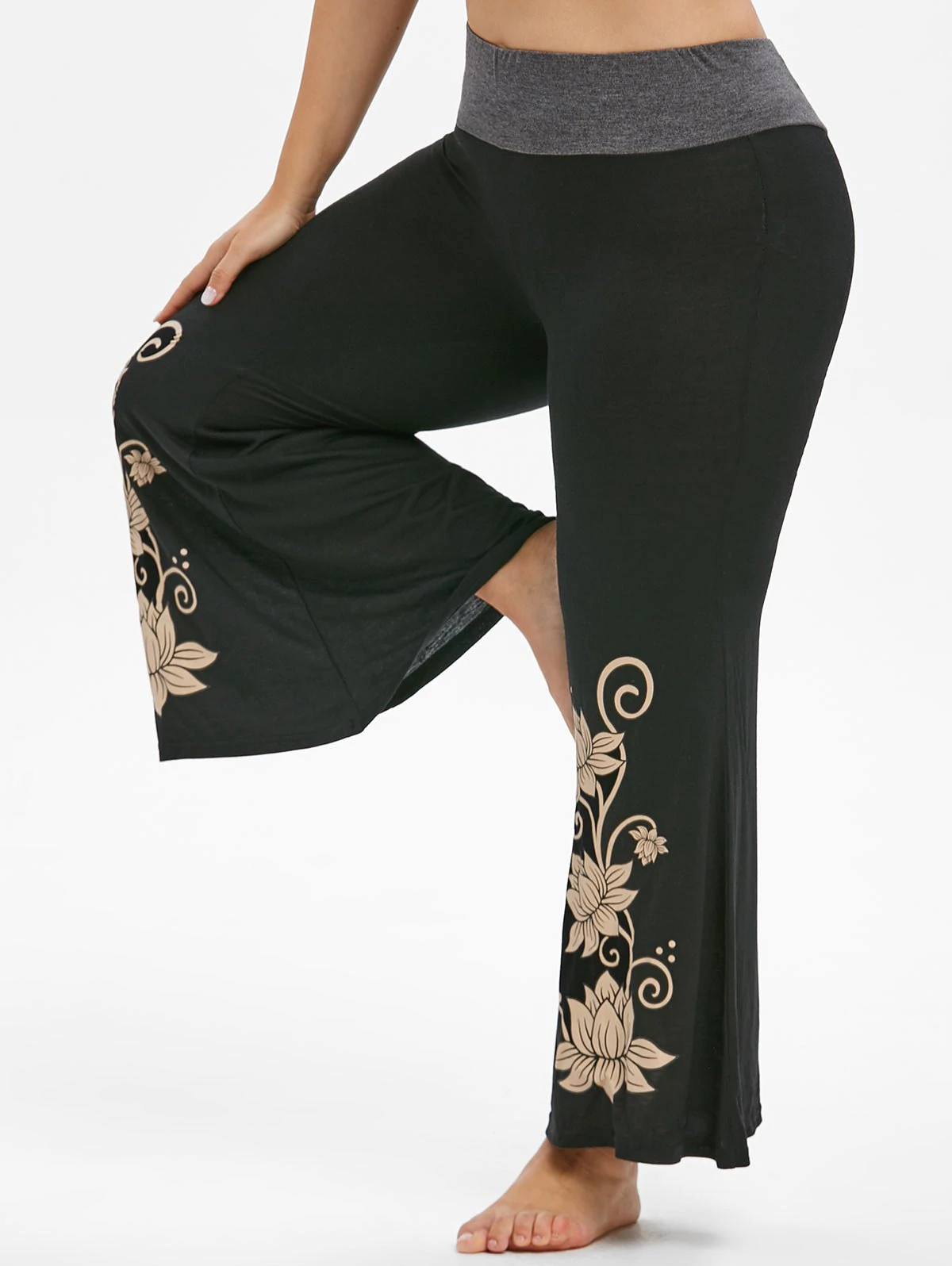 Marl Waist High Waisted Floral Plus Size Flare Pants