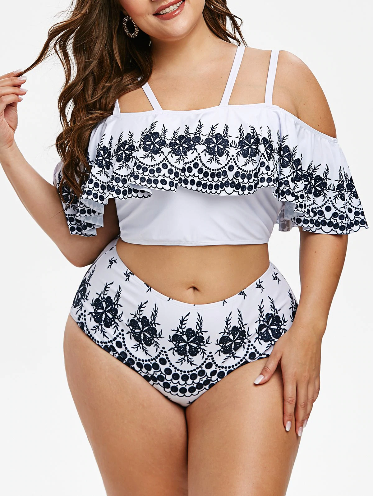 Printed Strappy Flounces Cold Shoulder Plus Size Two Piece Swimw